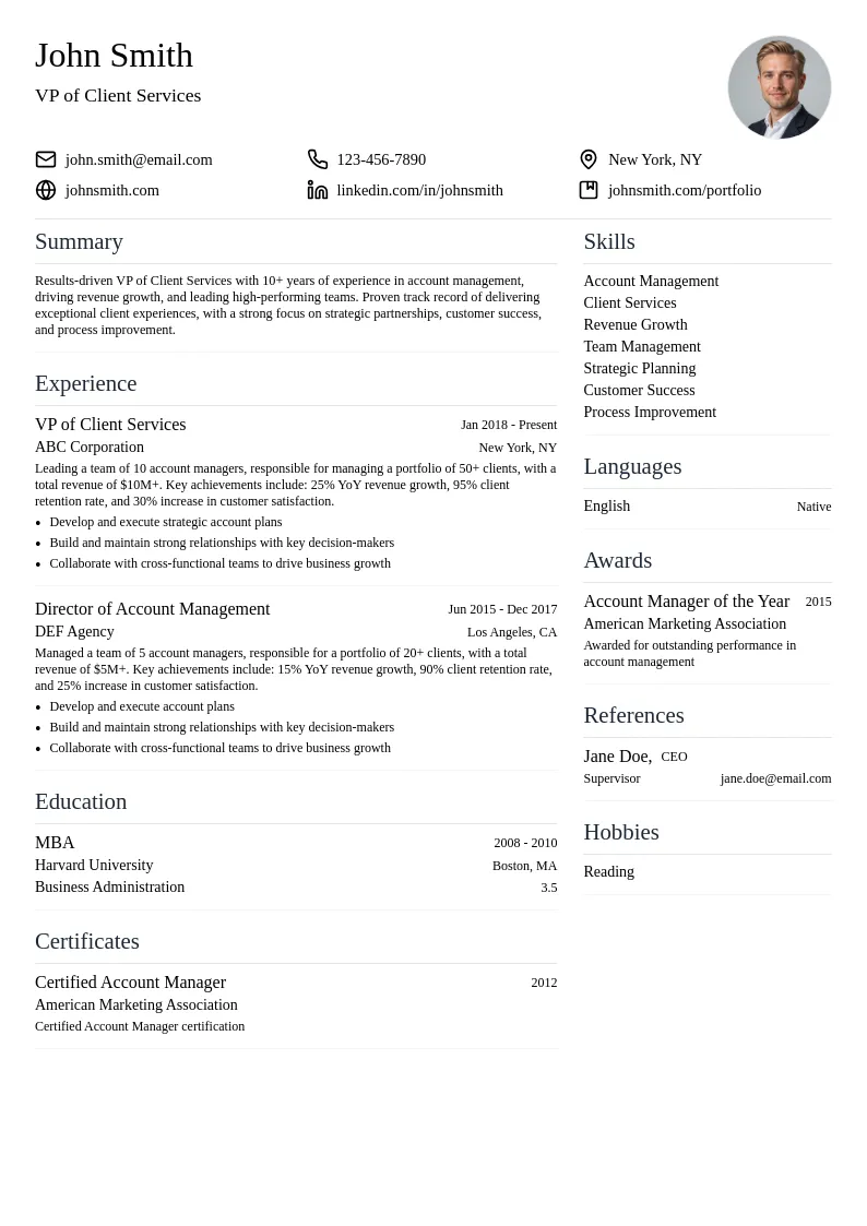 VP of Client Services resume example