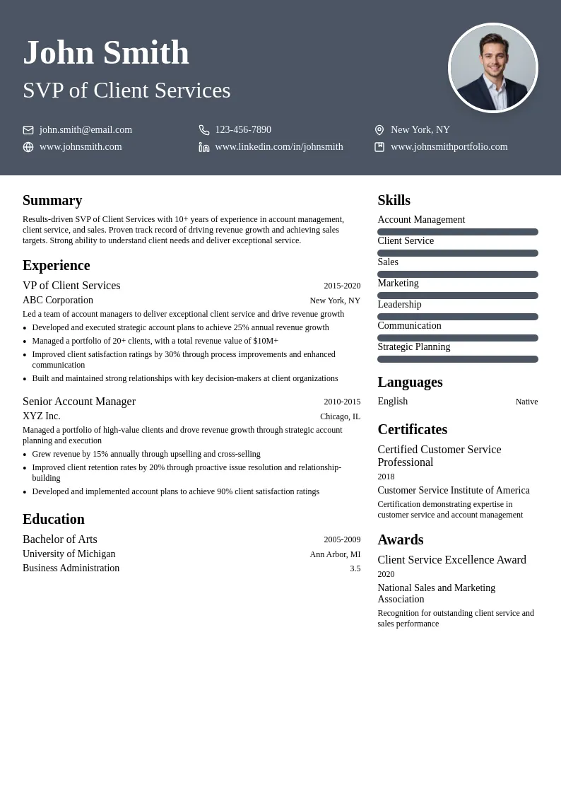 SVP of Client Services resume example