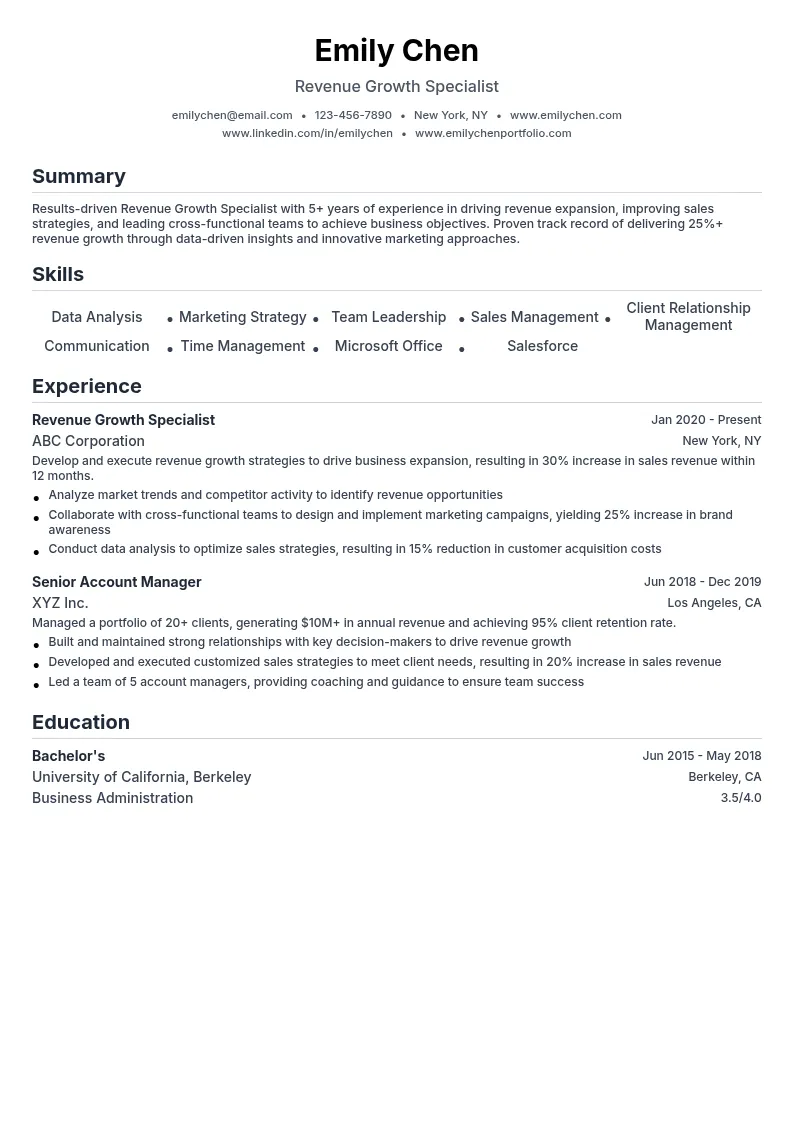 Revenue Growth Specialist resume example