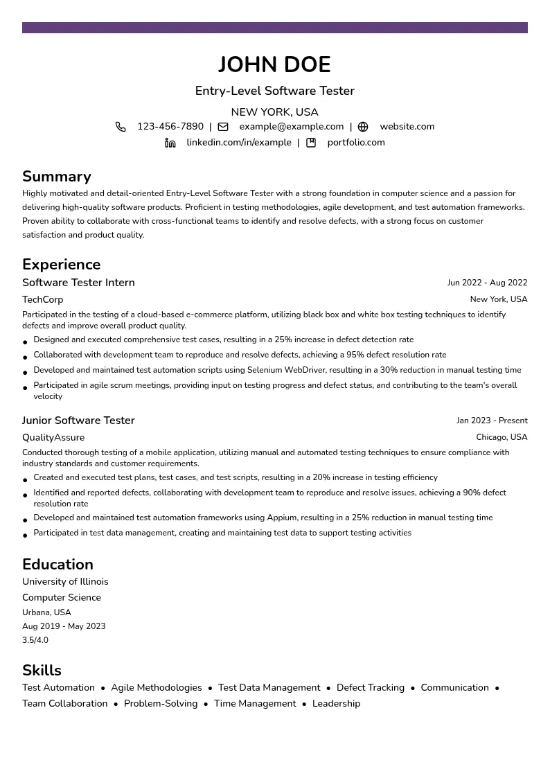 Entry-Level Software Tester resume example