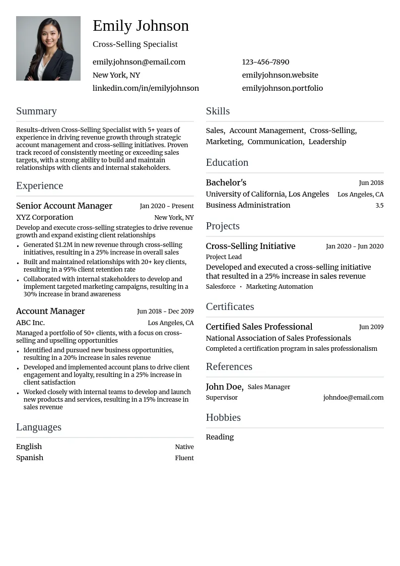 Cross-Selling Specialist resume example