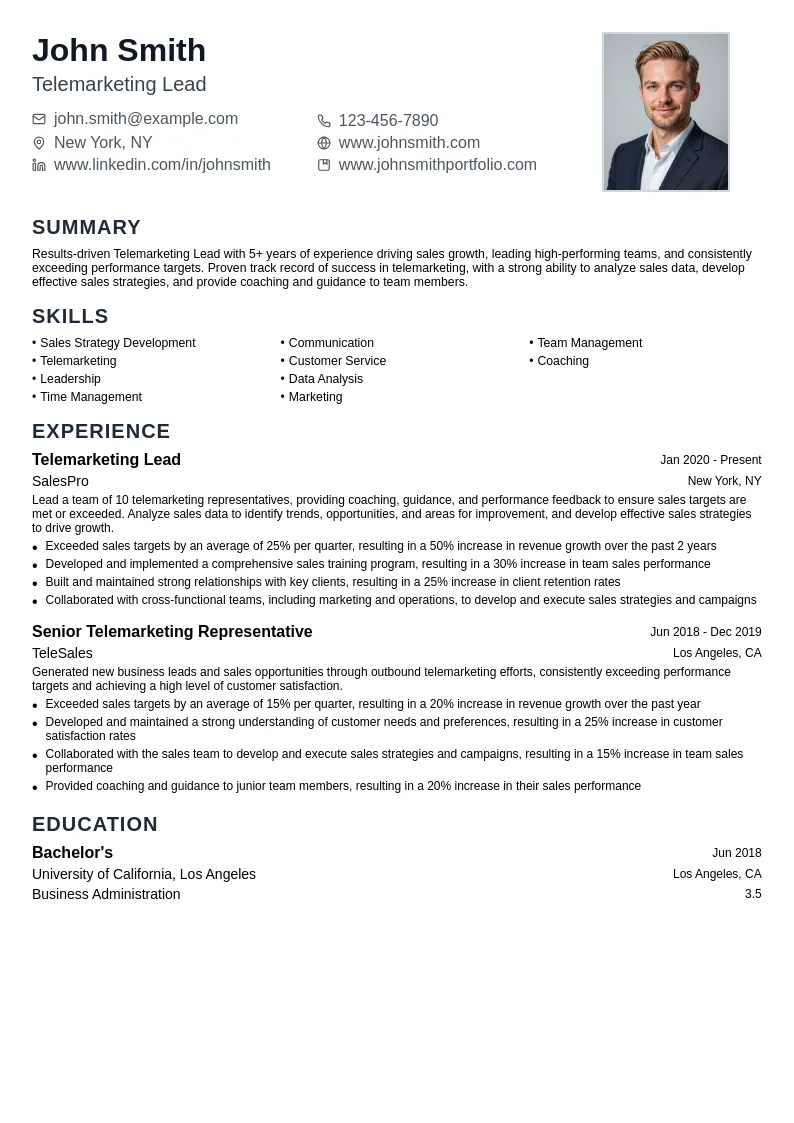 Telemarketing Lead resume example