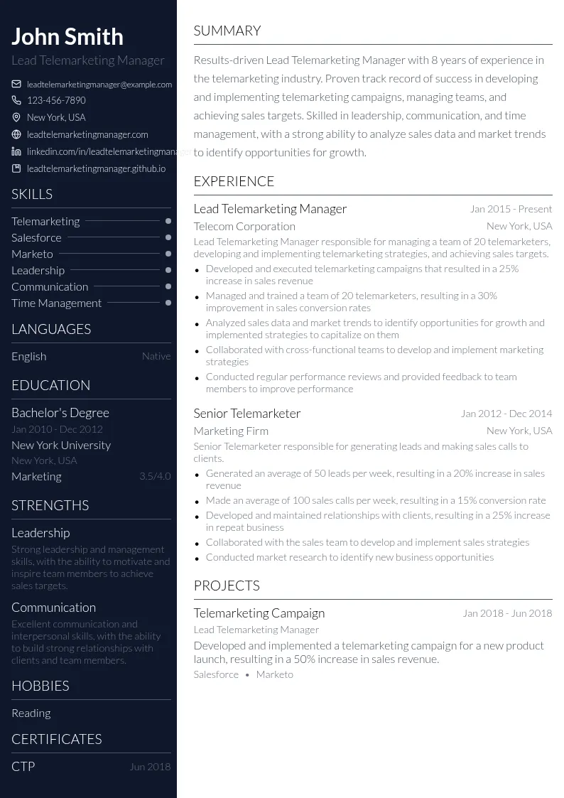 Lead Telemarketing Manager resume example