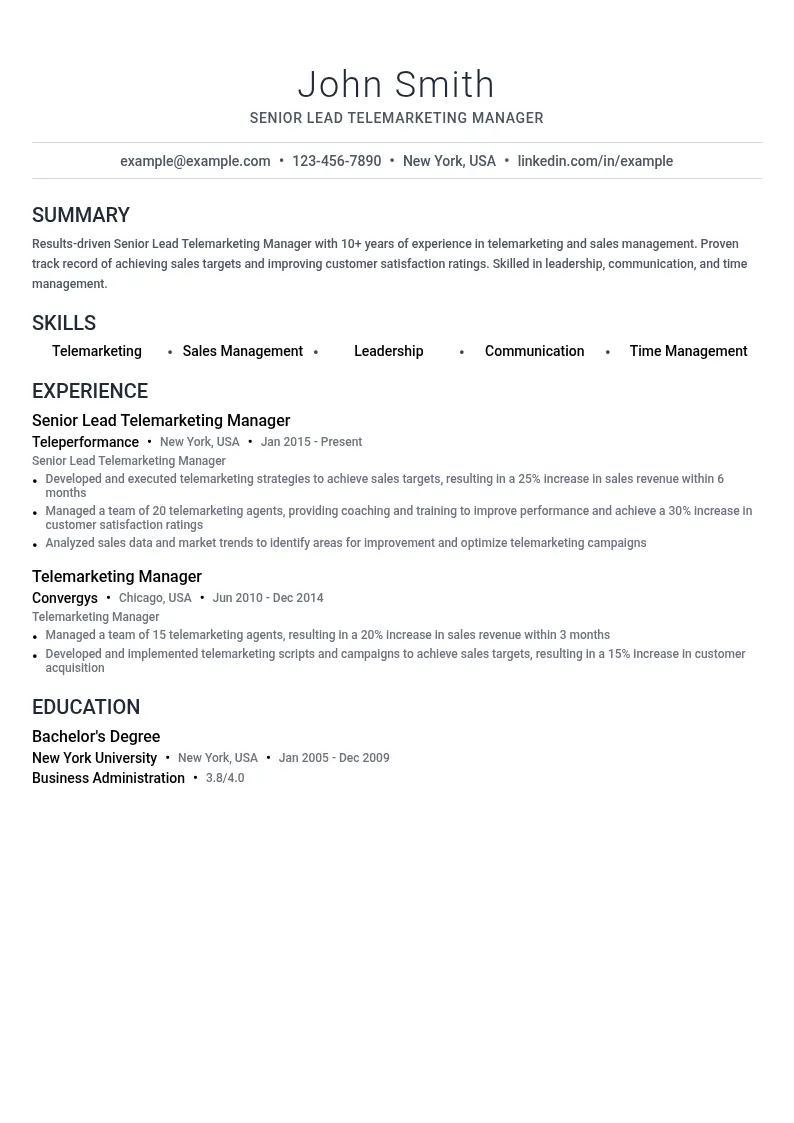 Senior Lead Telemarketing Manager resume example