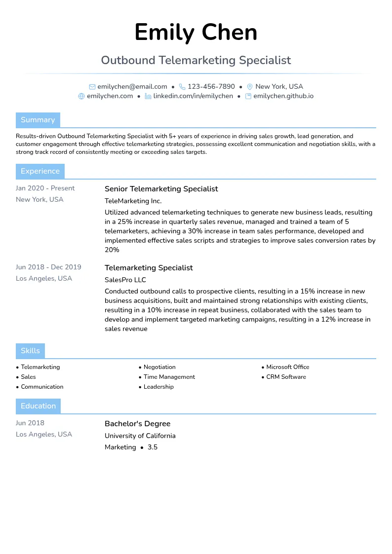 Outbound Telemarketing Specialist resume example