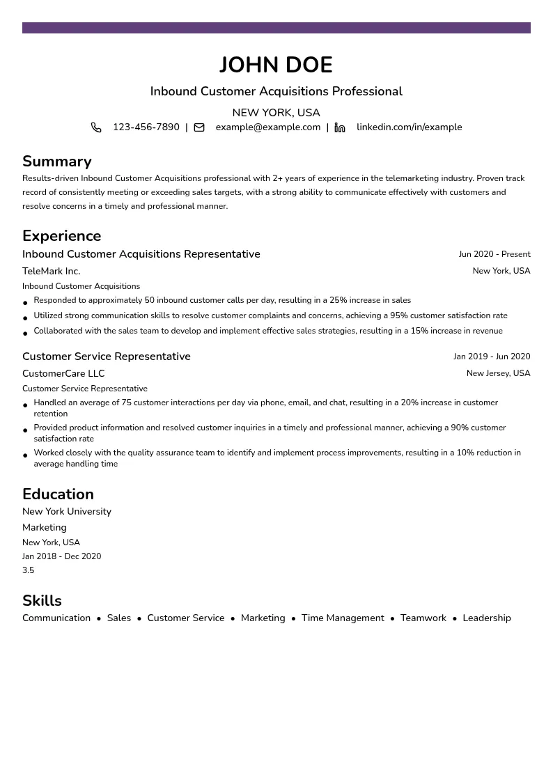 Inbound Customer Acquisitions resume example