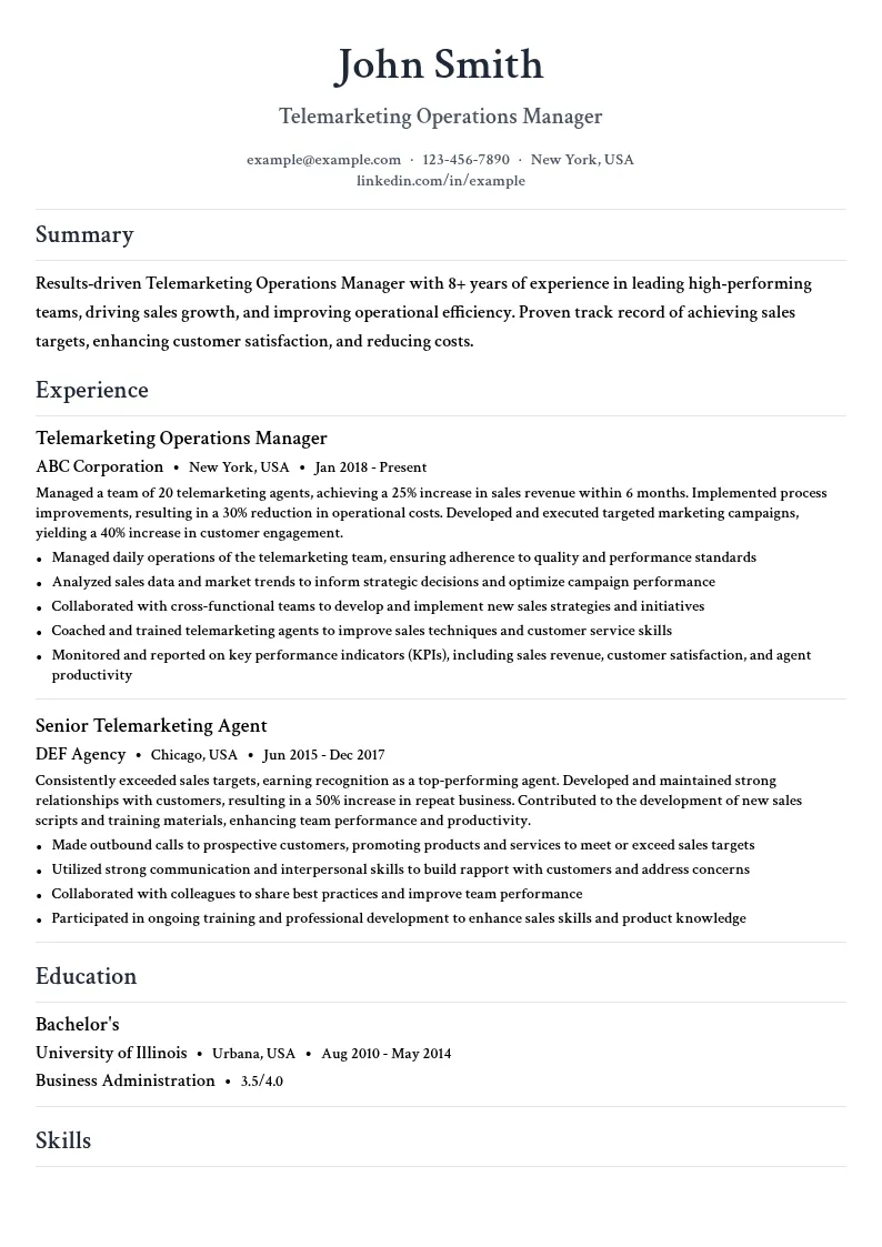 Telemarketing Operations Manager resume example