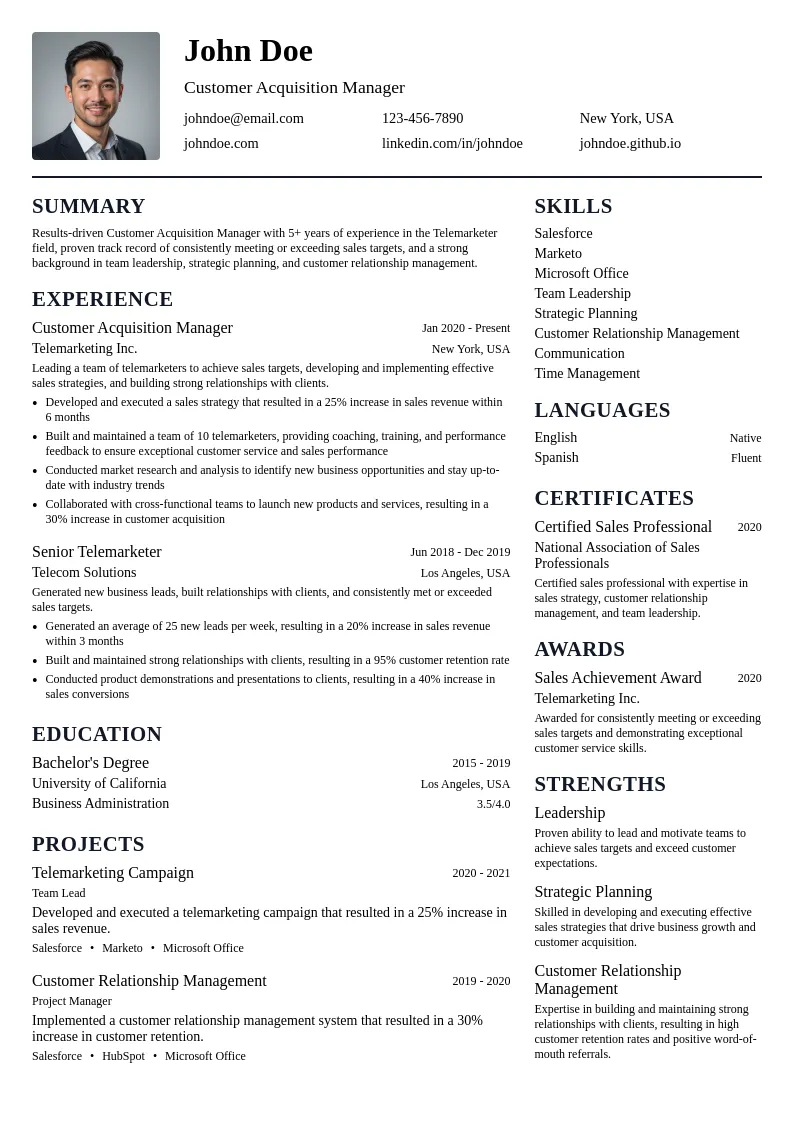 Customer Acquisition Manager resume example