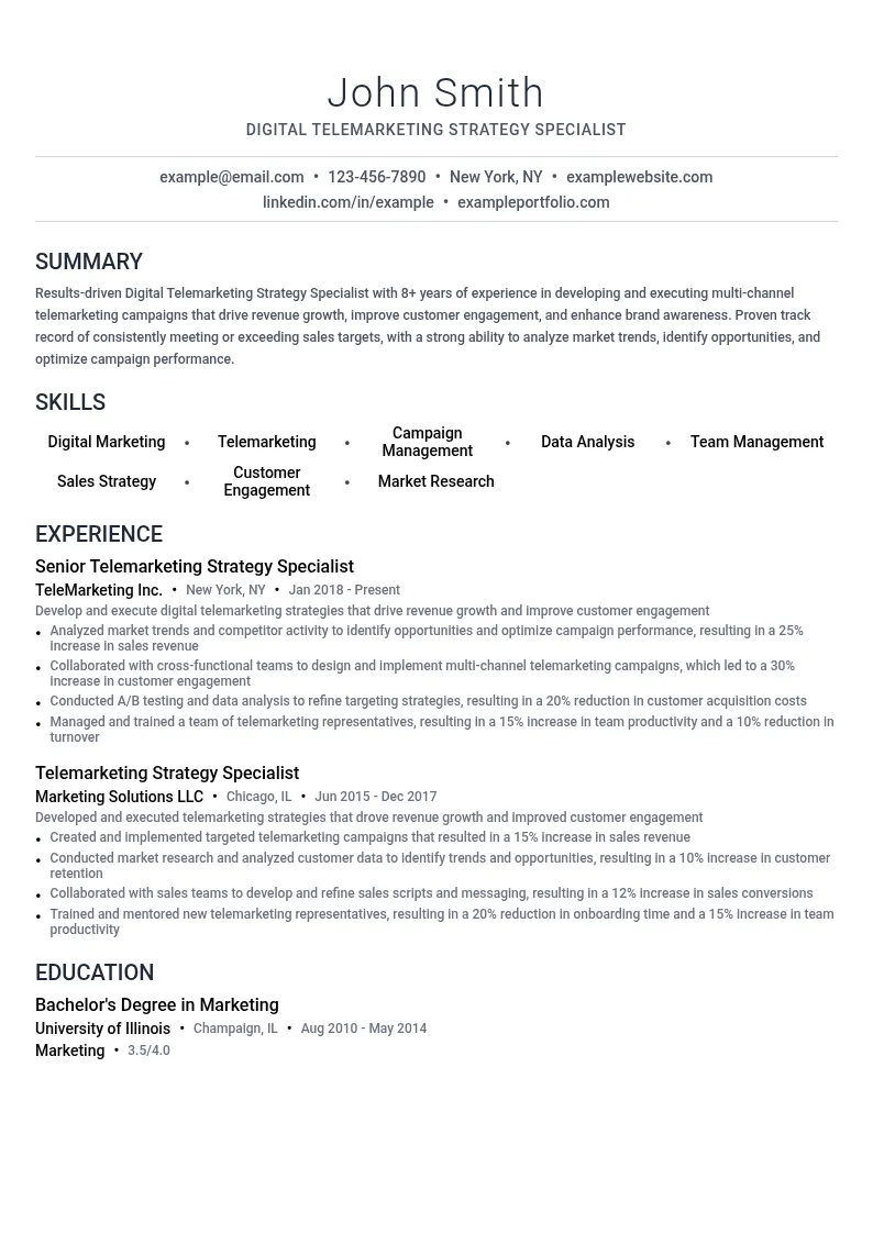 Digital Telemarketing Strategy Specialist resume example
