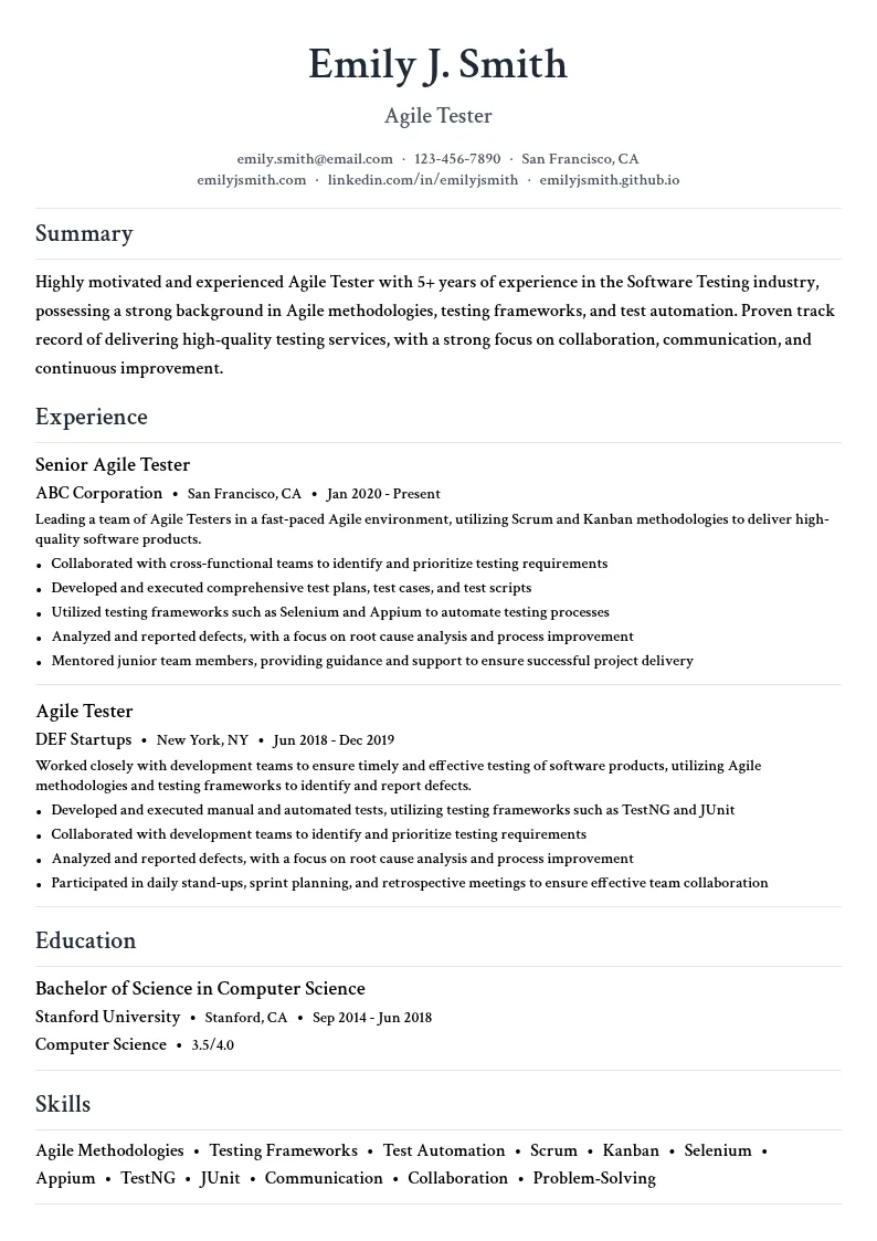 Agile Tester resume example