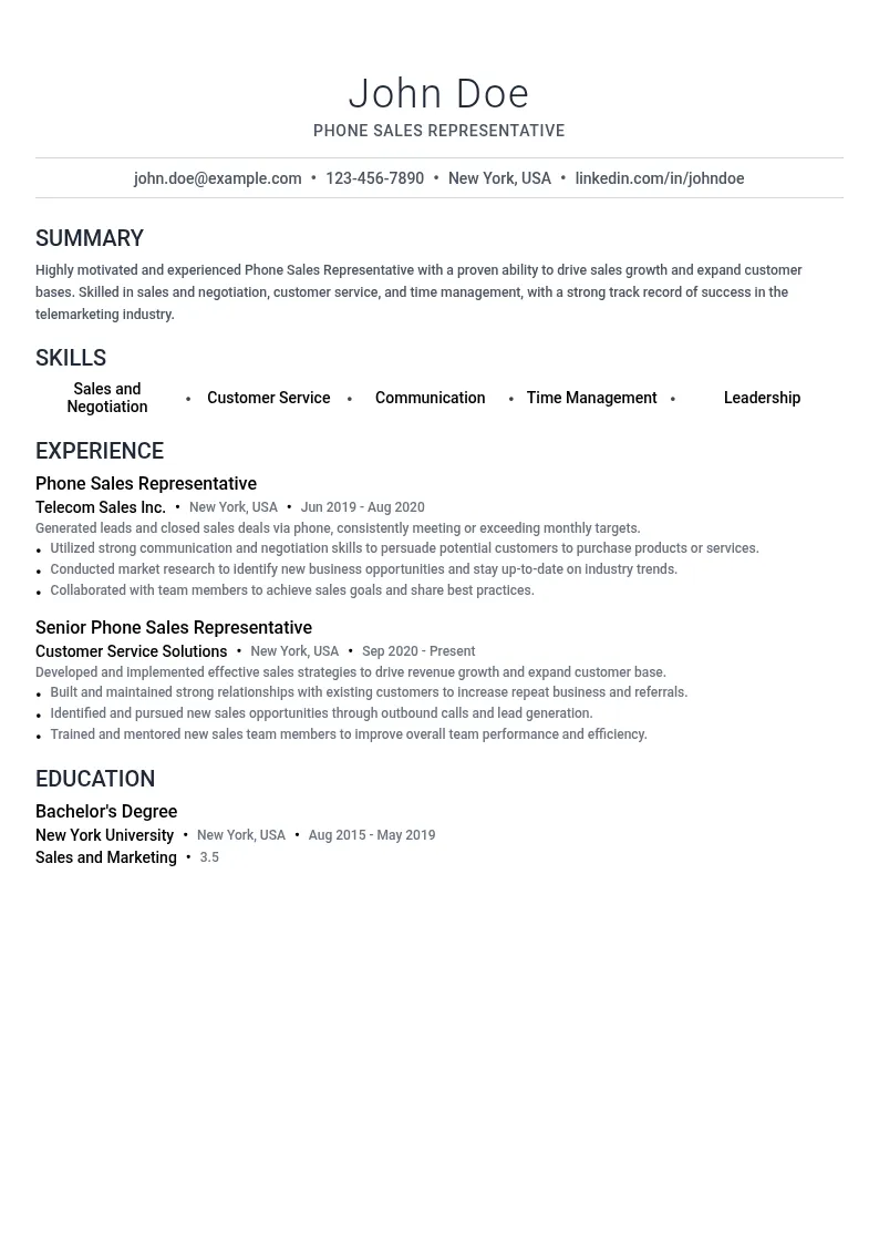 Phone Sales Representative resume example