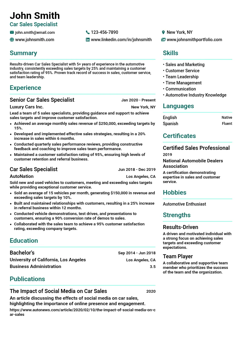 Car Sales Specialist resume example