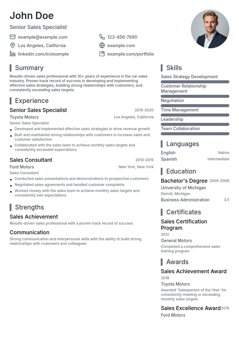 Senior Sales Specialist resume example
