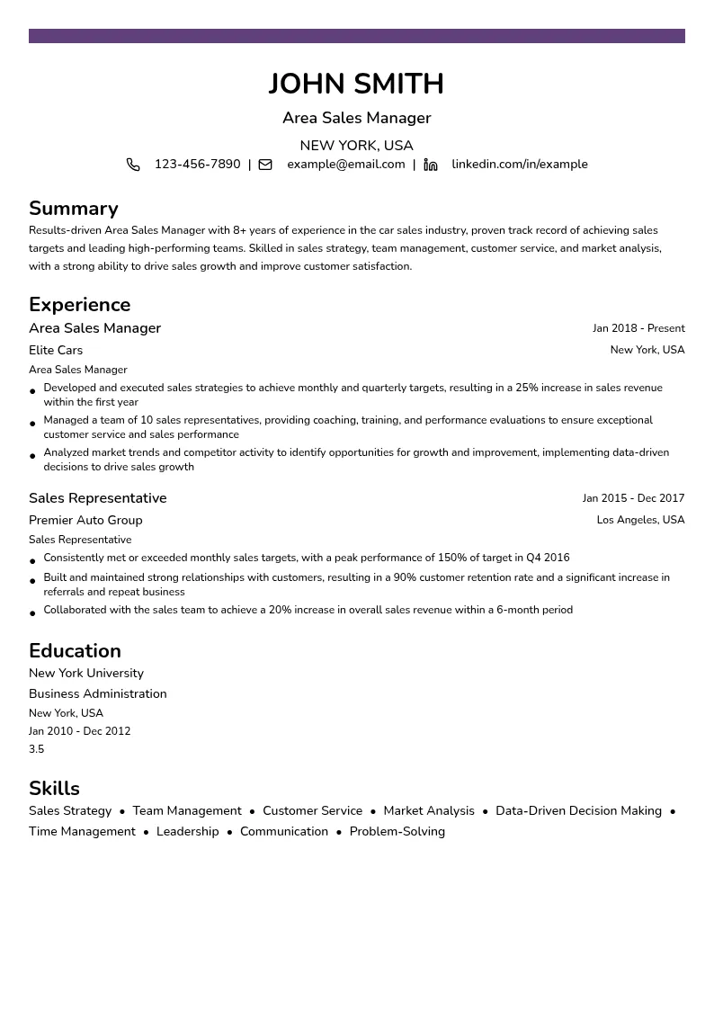 Area Sales Manager resume example