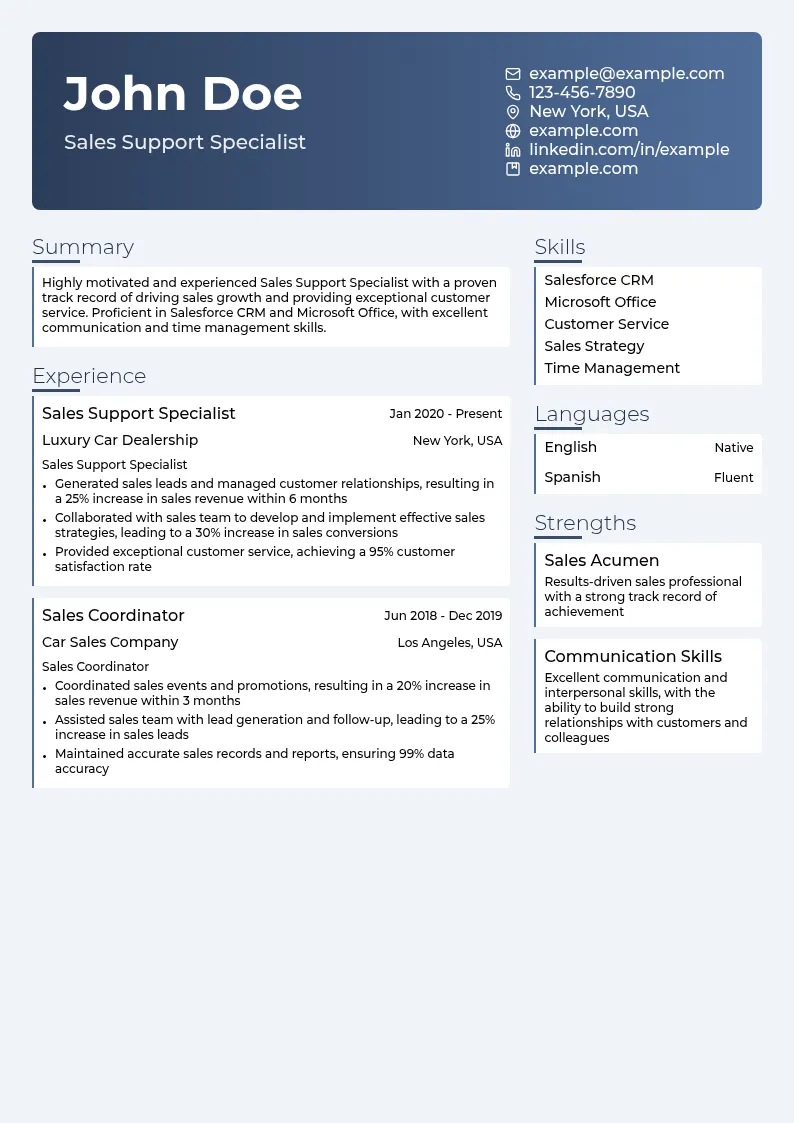 Sales Support Specialist resume example