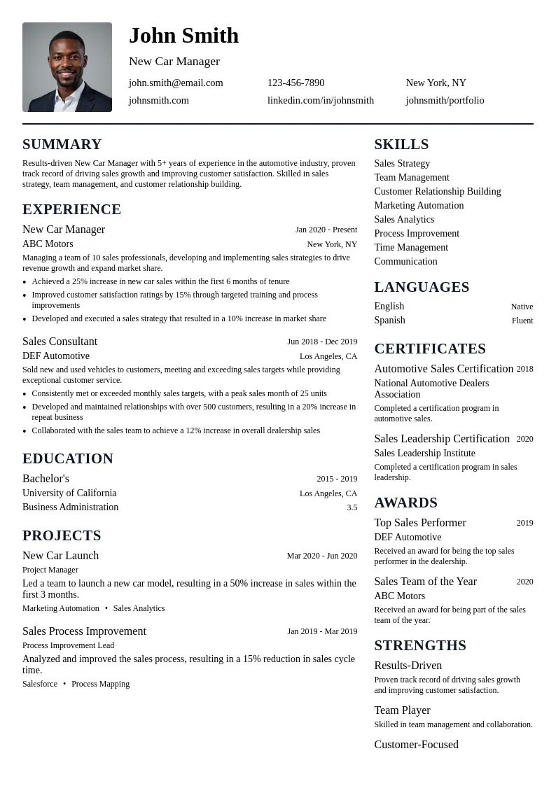 New Car Manager resume example