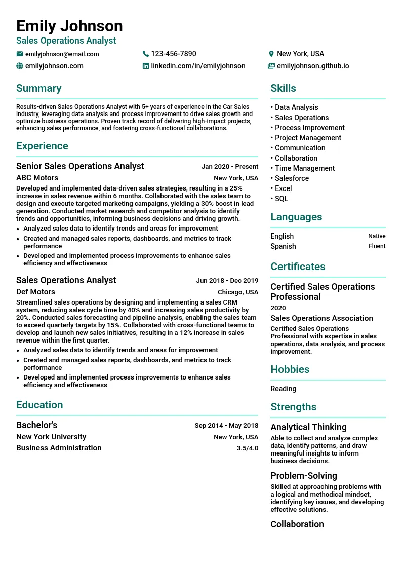 Sales Operations Analyst resume example