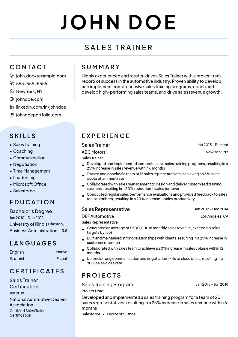 Sales Trainer resume example