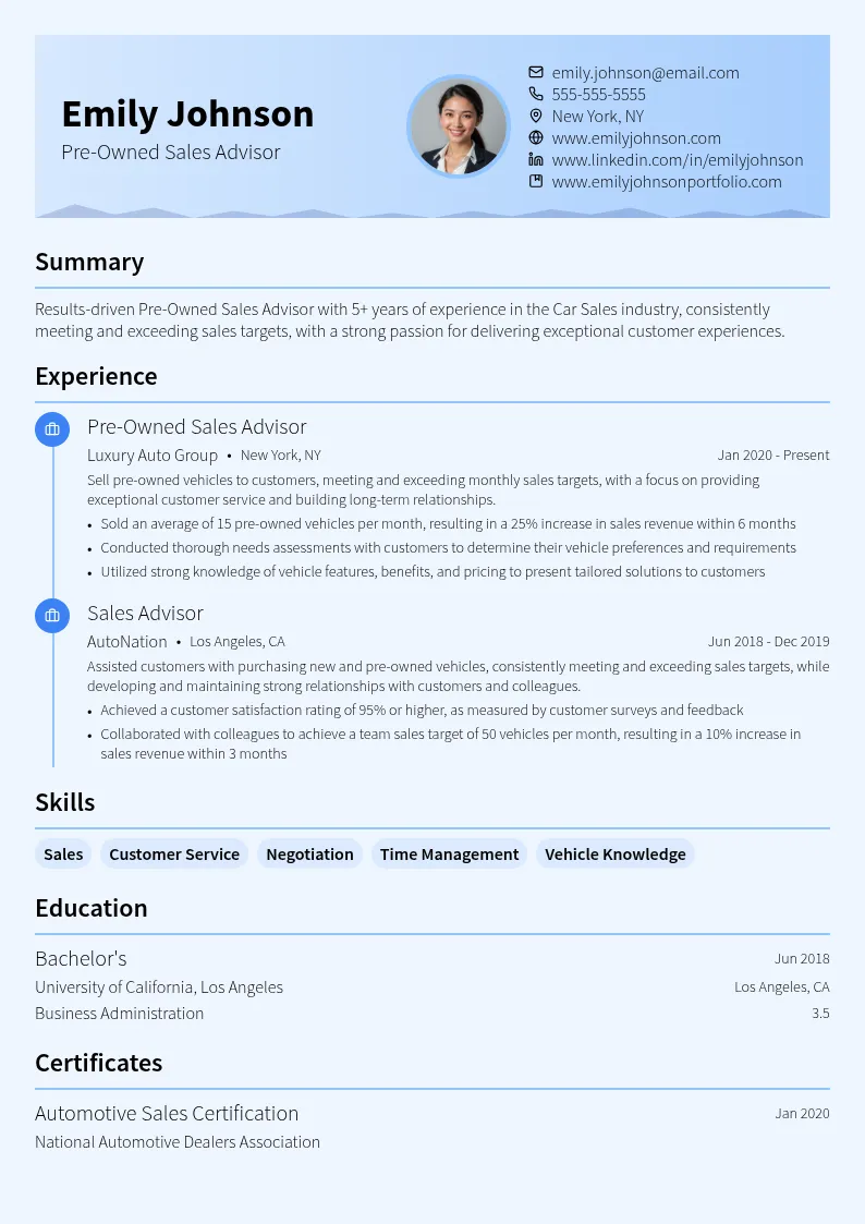 Pre-Owned Sales Advisor resume example