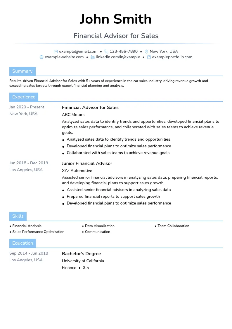 Financial Advisor for Sales resume example