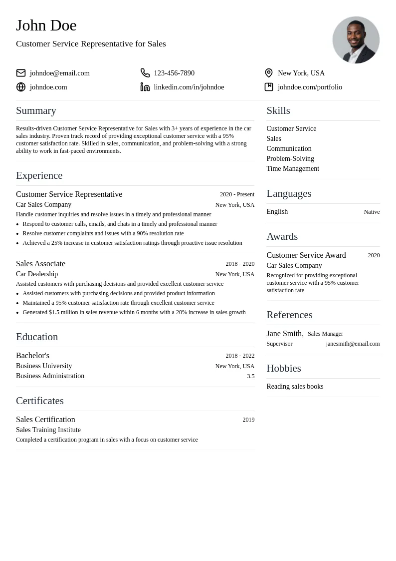 Customer Service Representative for Sales resume example