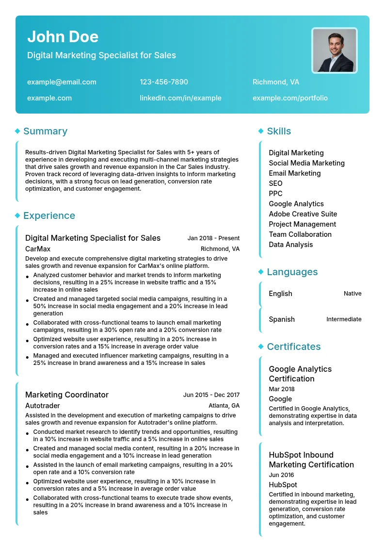 Digital Marketing Specialist for Sales resume example