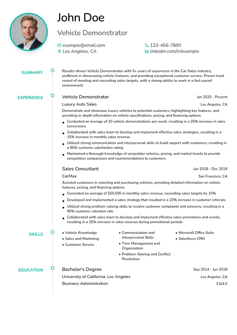 Vehicle Demonstrator resume example