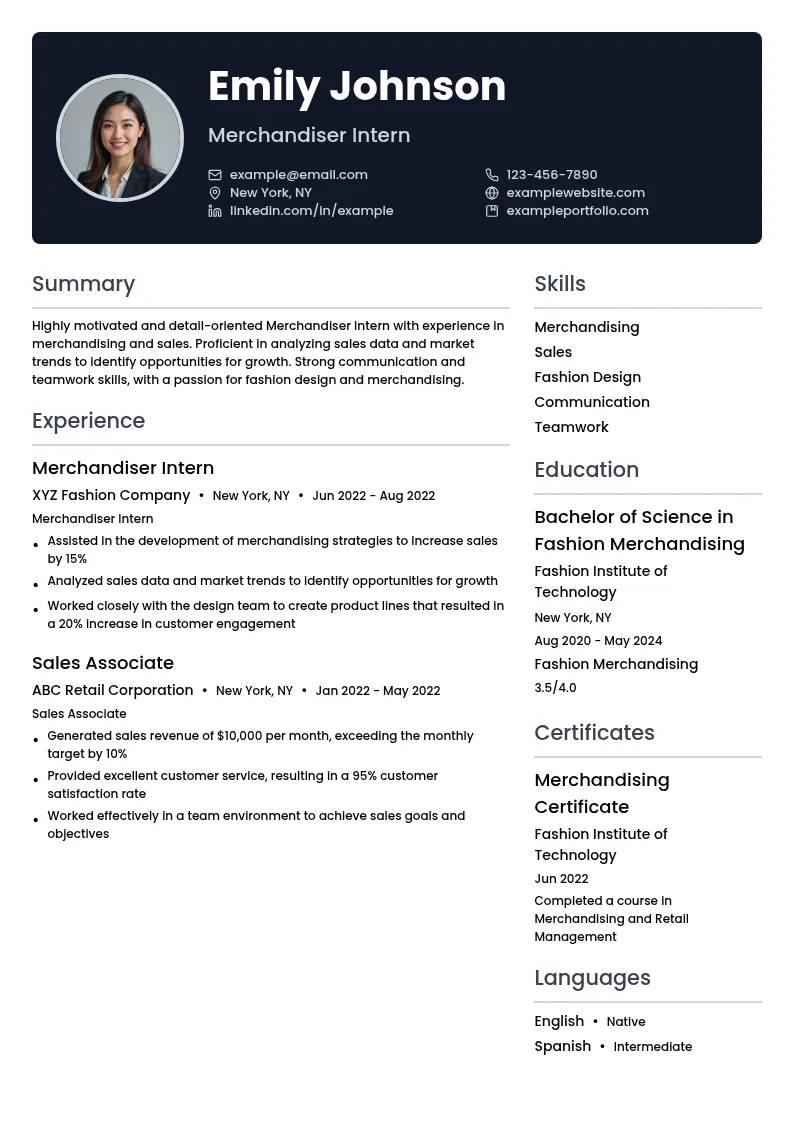Merchandiser Intern resume example