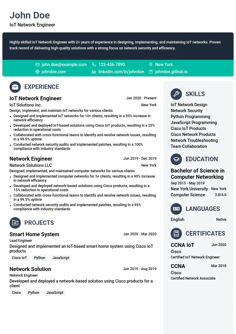 Internet of Things (IoT) Network Engineer resume example