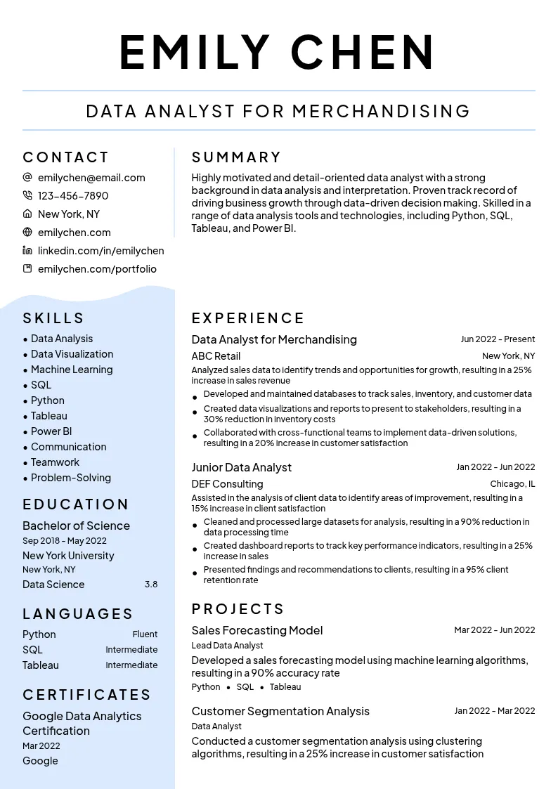 Data Analyst for Merchandising resume example