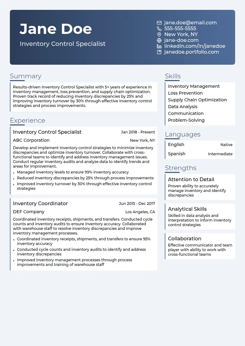 Inventory Control Specialist resume example