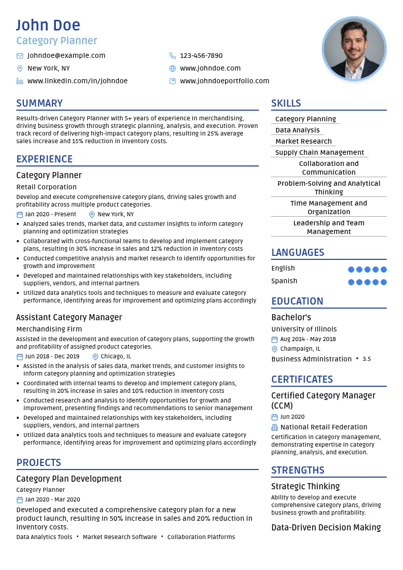 Category Planner resume example