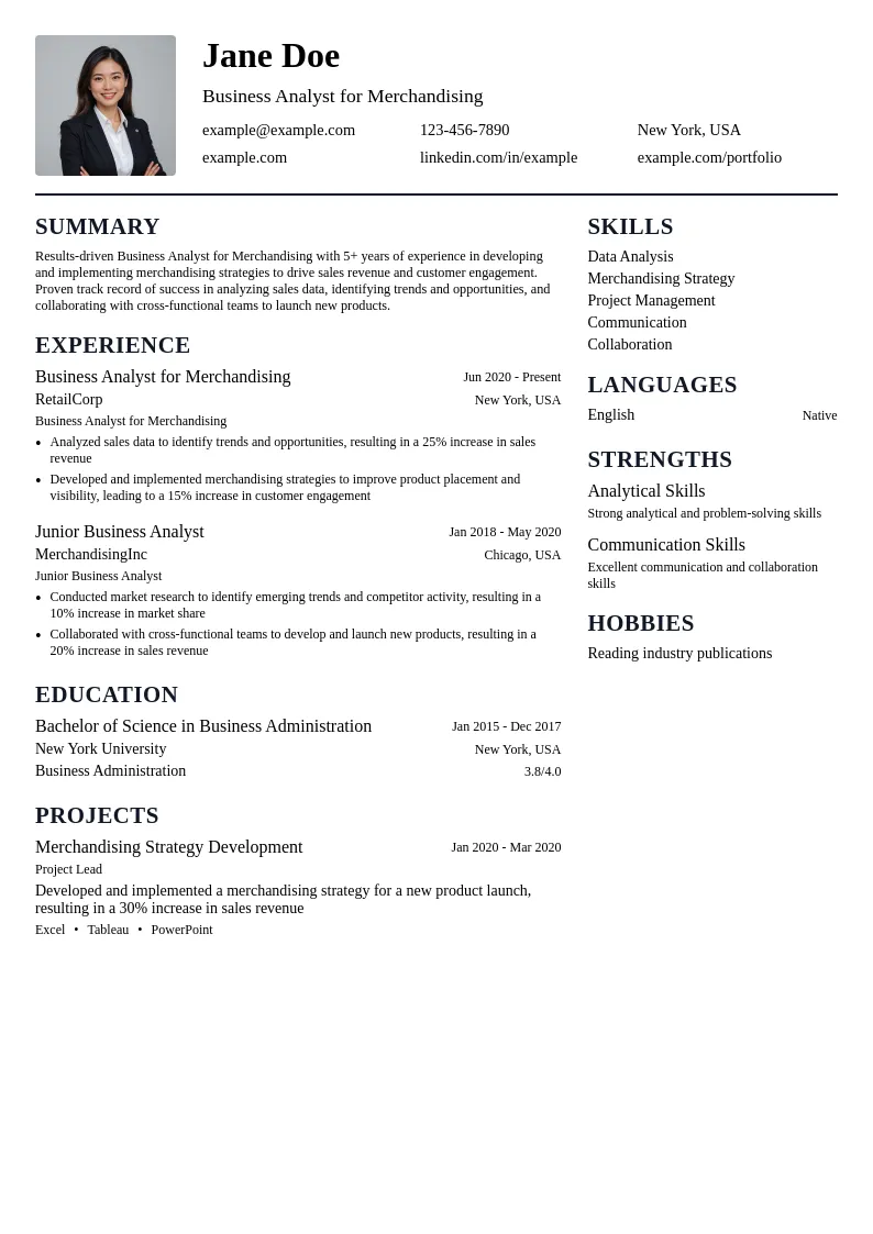 Business Analyst for Merchandising resume example