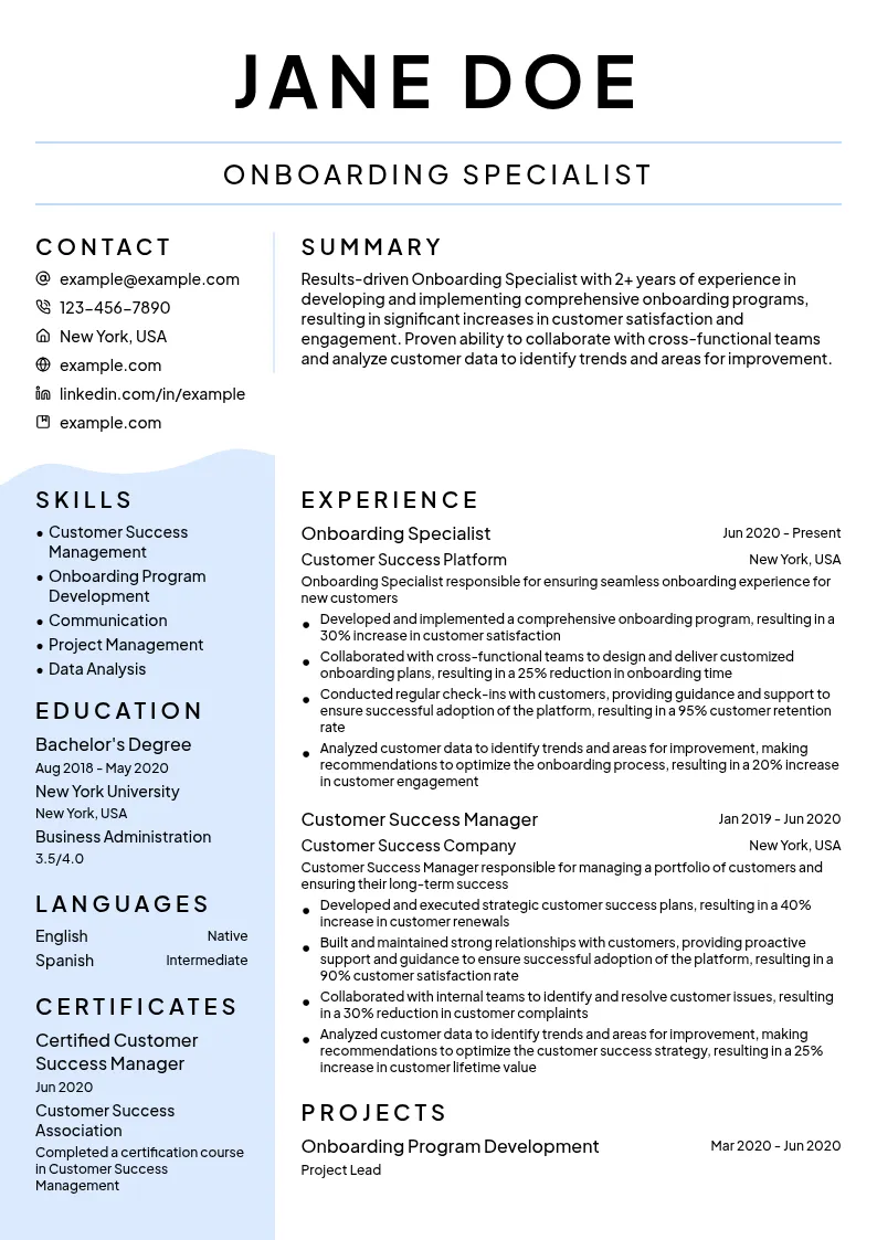 Onboarding Specialist resume example