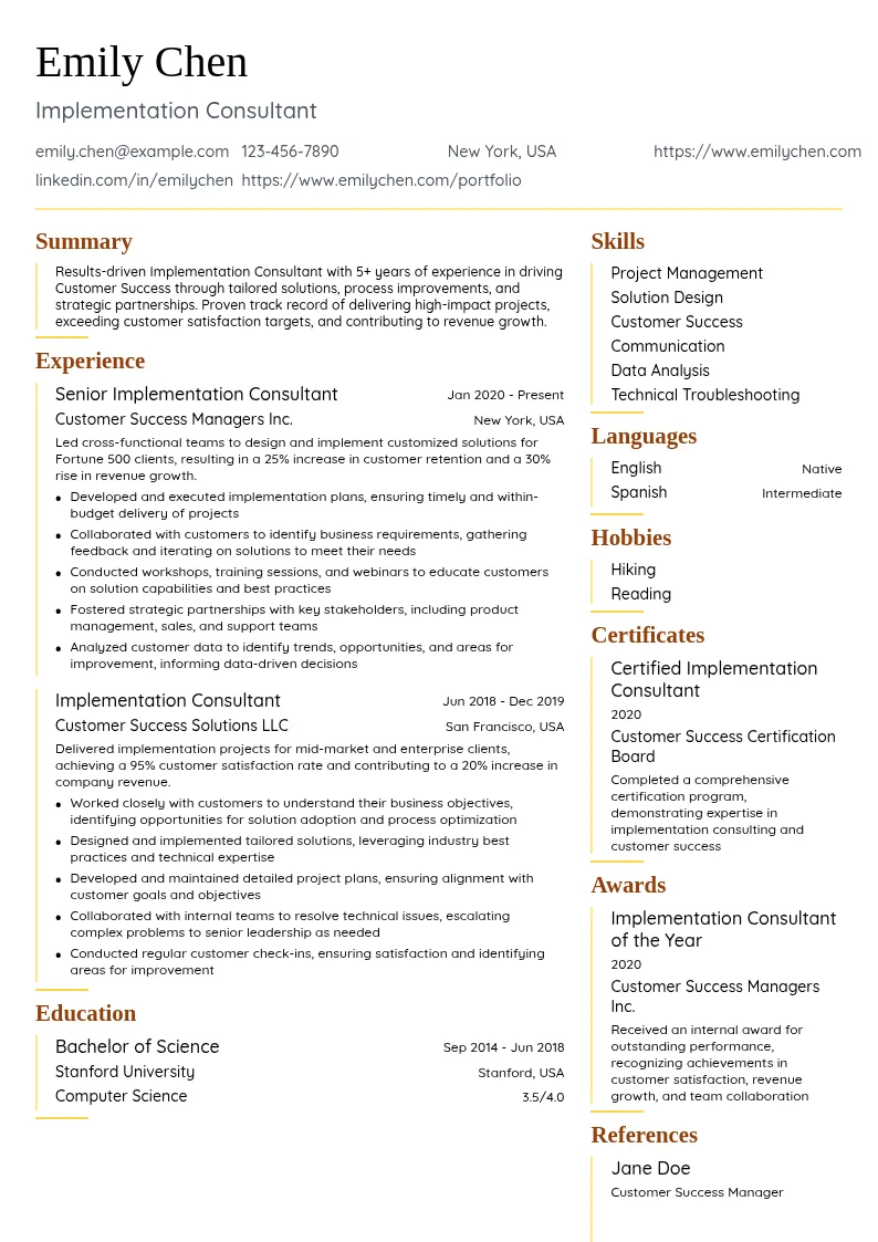 Implementation Consultant resume example