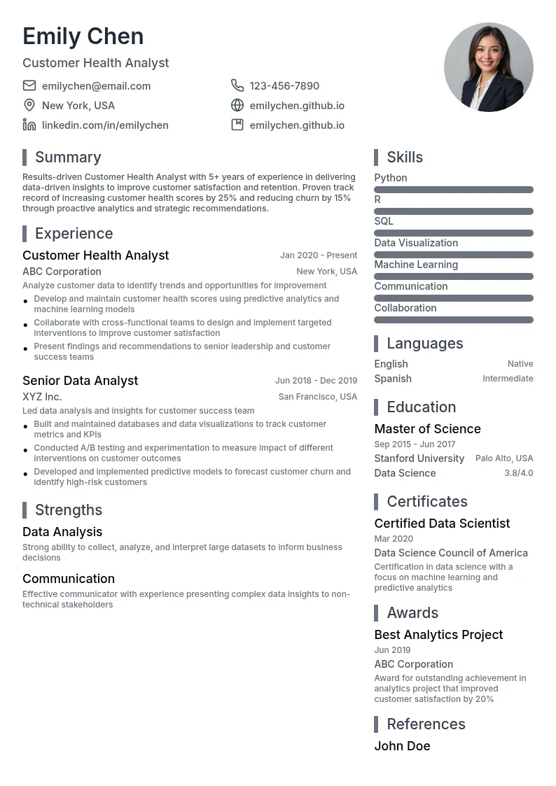 Customer Health Analyst resume example