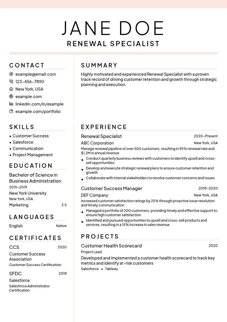 Renewal Specialist resume example