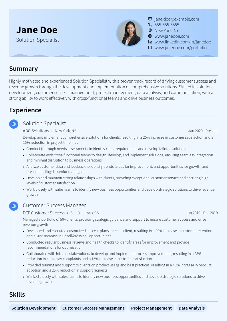 Solution Specialist resume example