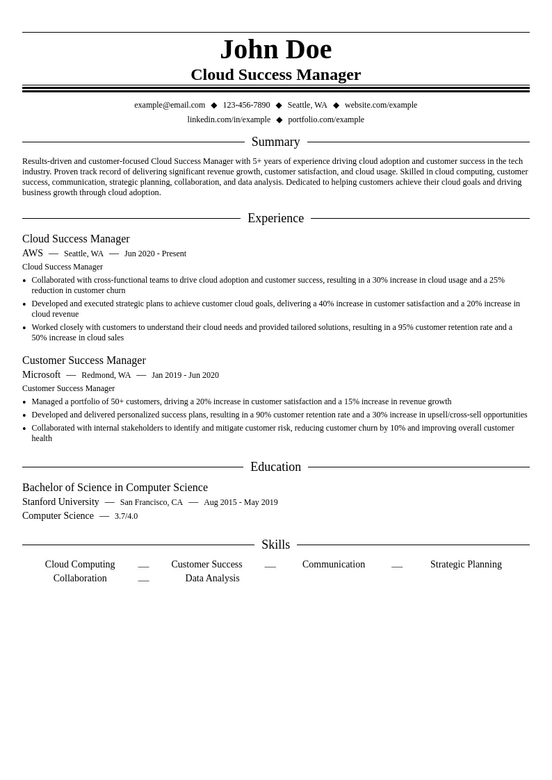 Cloud Success Manager resume example
