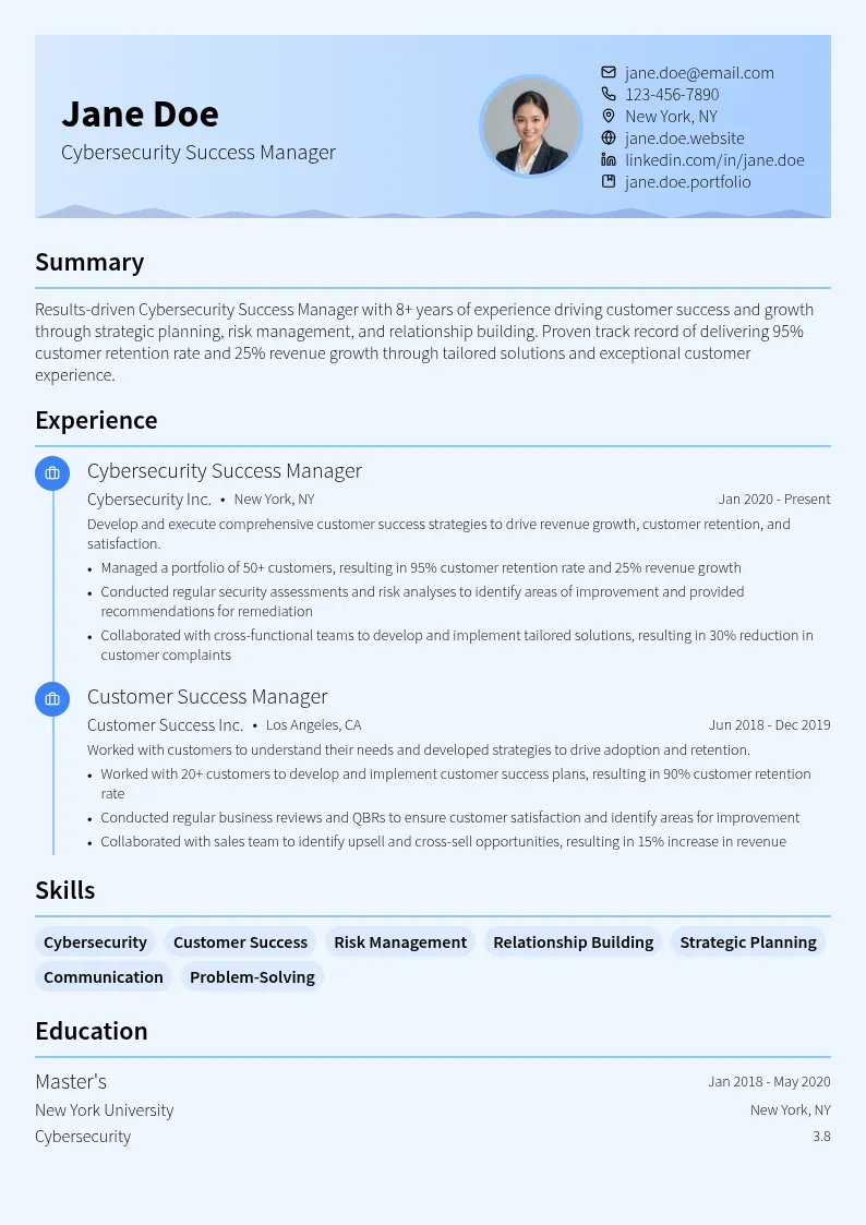 Cybersecurity Success Manager resume example