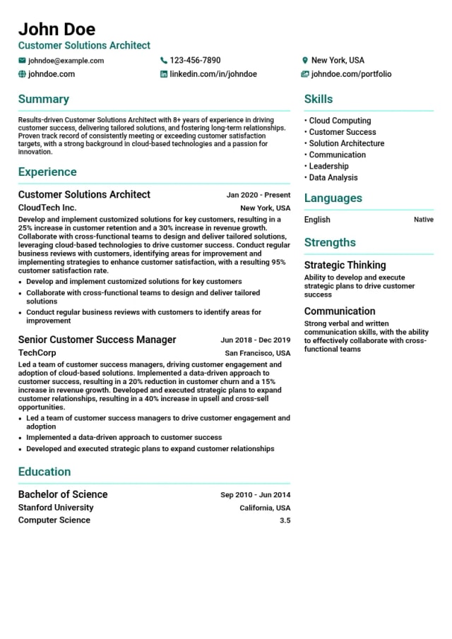 Customer Solutions Architect resume example