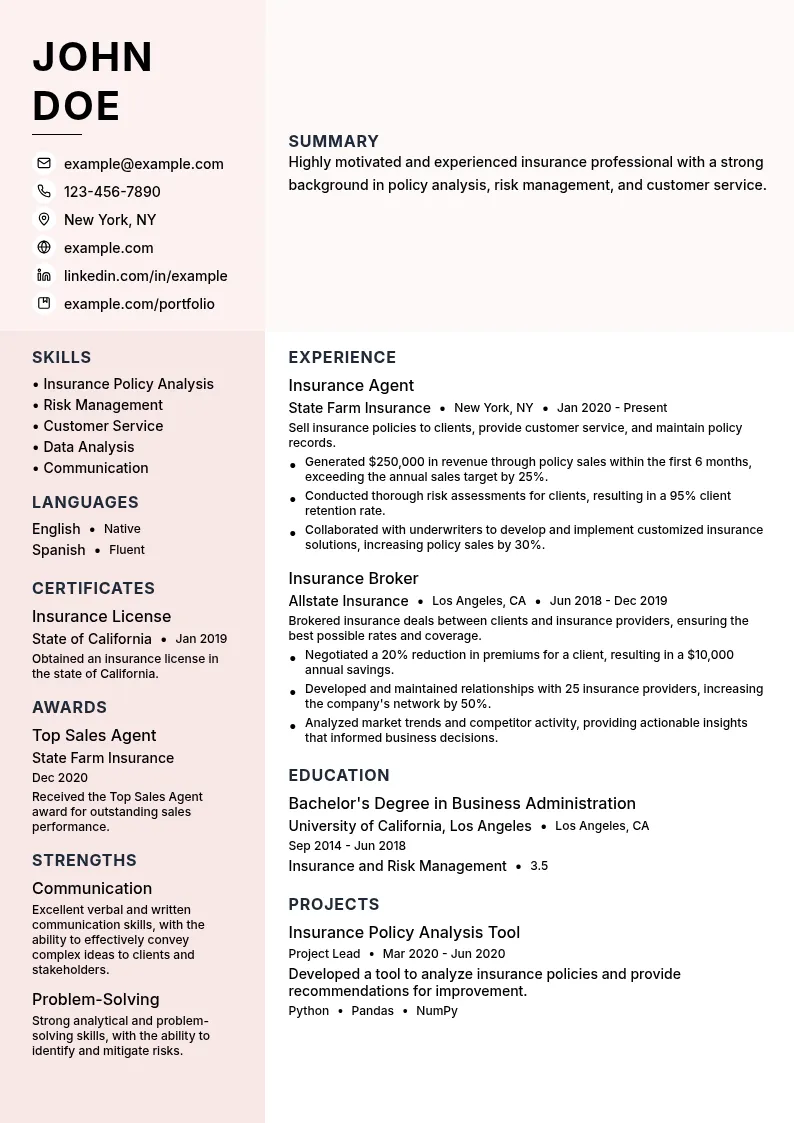 Insurance Associate resume example