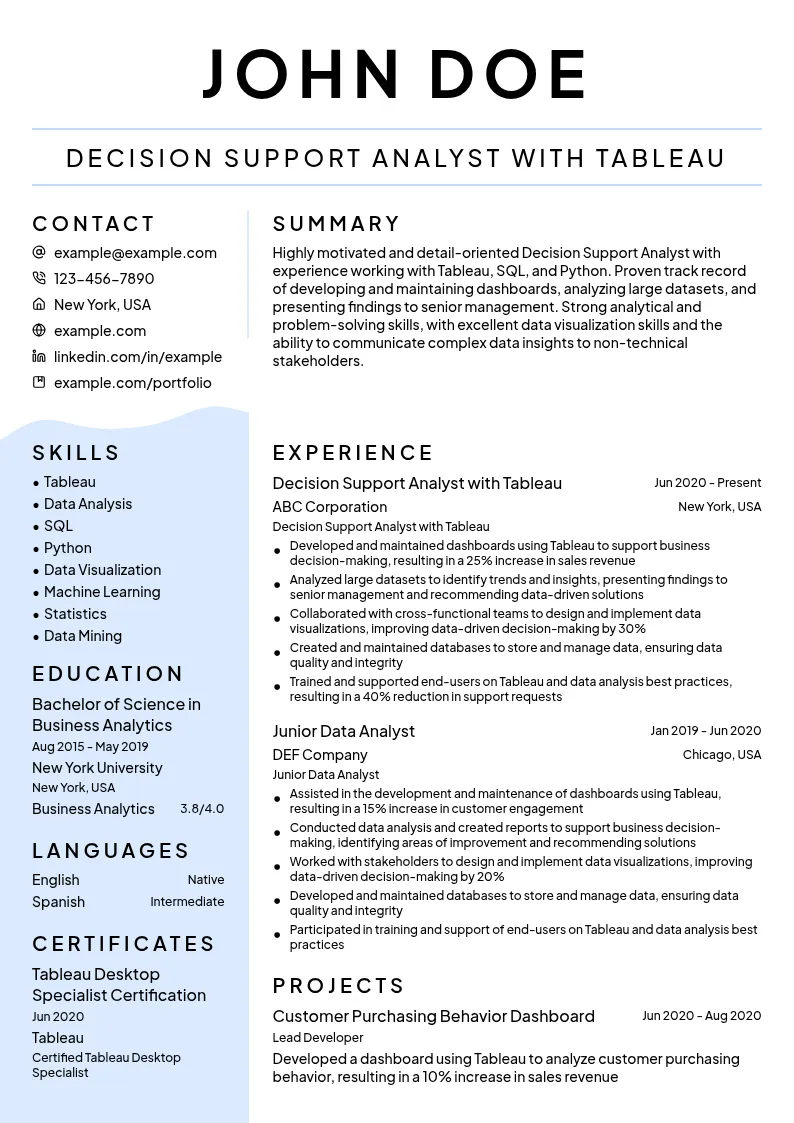 Decision Support Analyst with Tableau resume example