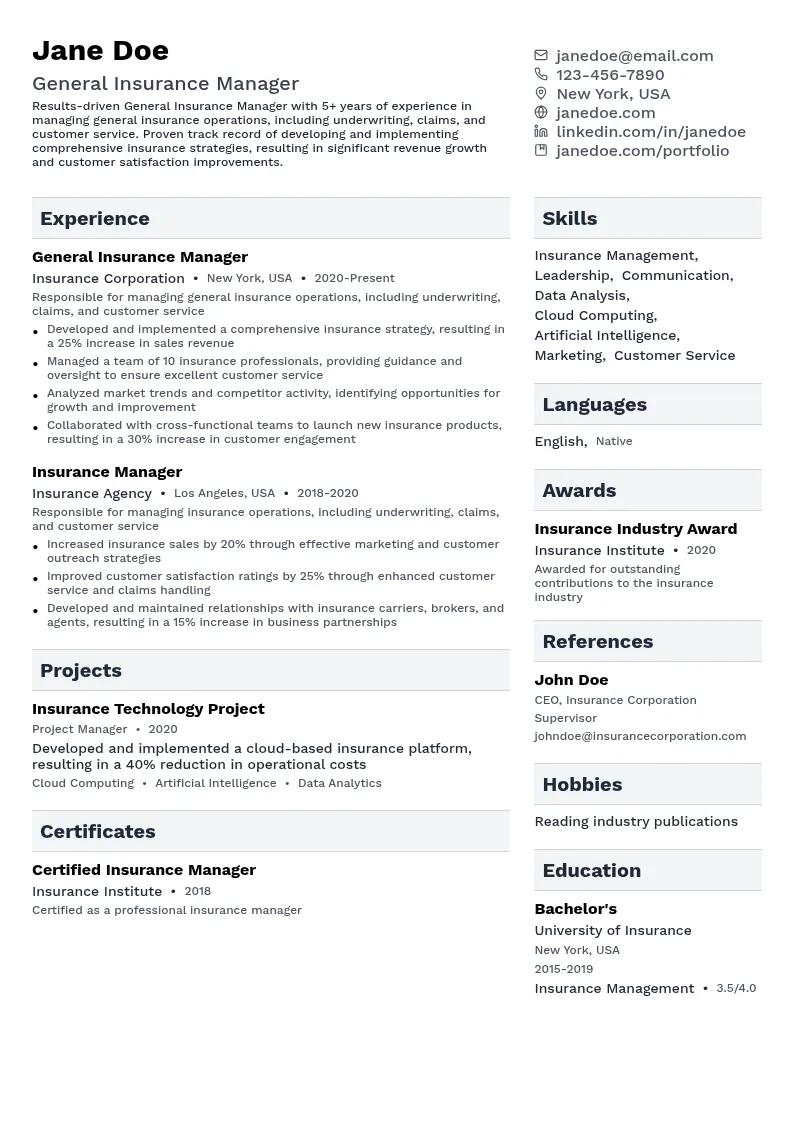 General Insurance Manager resume example