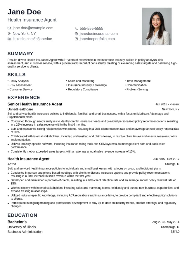 Health Insurance Agent resume example