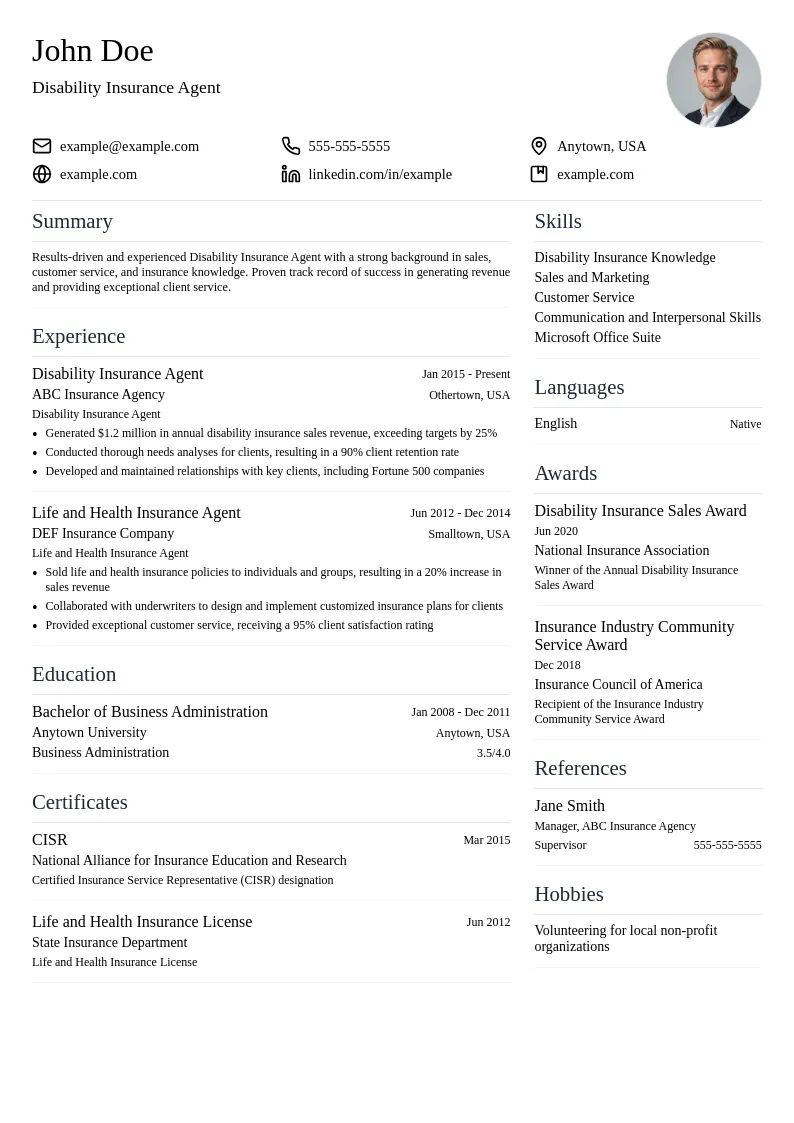 Disability Insurance Agent resume example
