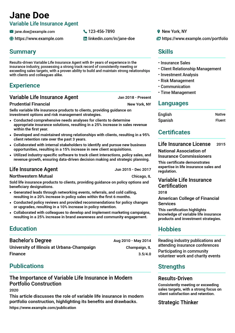Variable Life Insurance Agent resume example