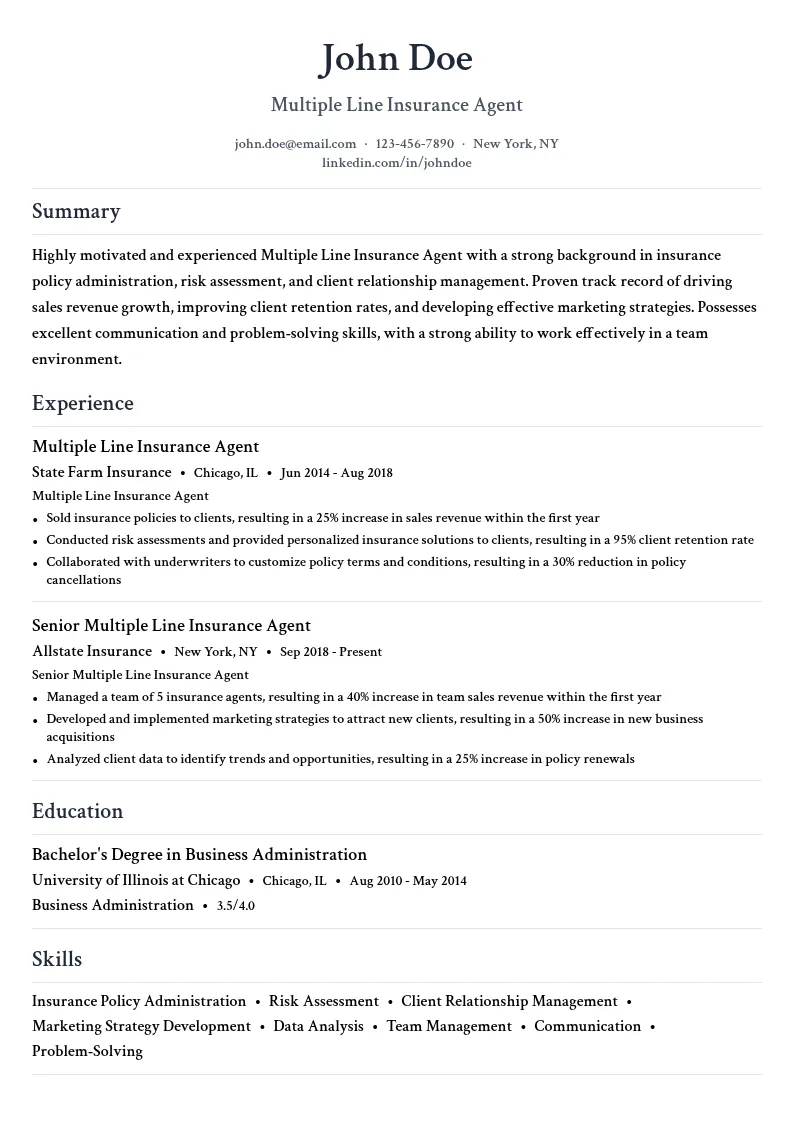 Multiple Line Insurance Agent resume example