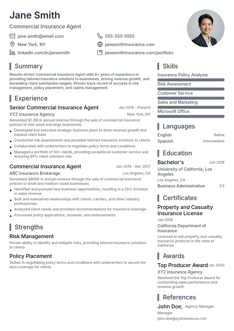 Commercial Insurance Agent resume example