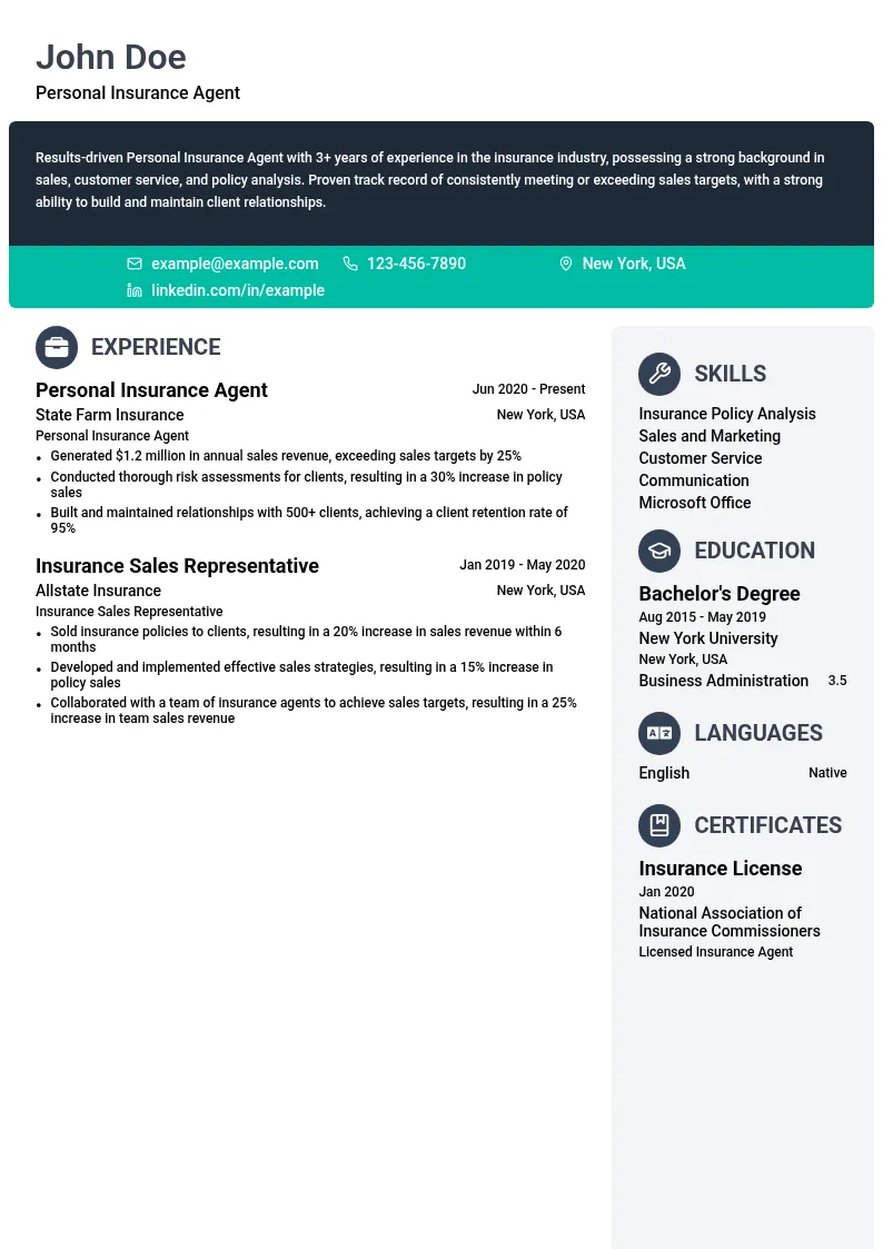 Personal Insurance Agent resume example